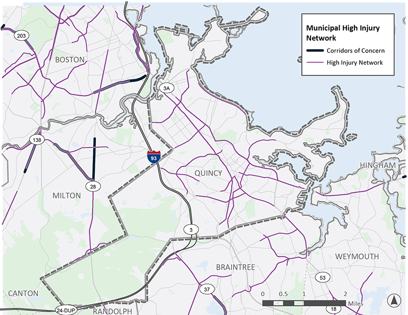 Figure 1.5: A A map of Quincy, MA, a highly urban area of the region. Most major roads through Quincy are labeled as high-injury network locations.